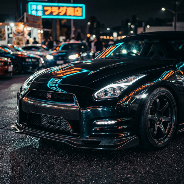 Modified car at night meet with neon reflections