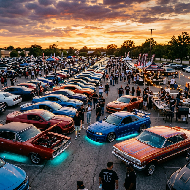 Feeding the Block charity car meet at golden hour